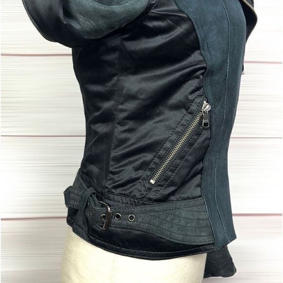 Armani Exchange Charcoal Leather Suede Moto Bomber Jacket Fur Collar Satin Back - Picture 10 of 15